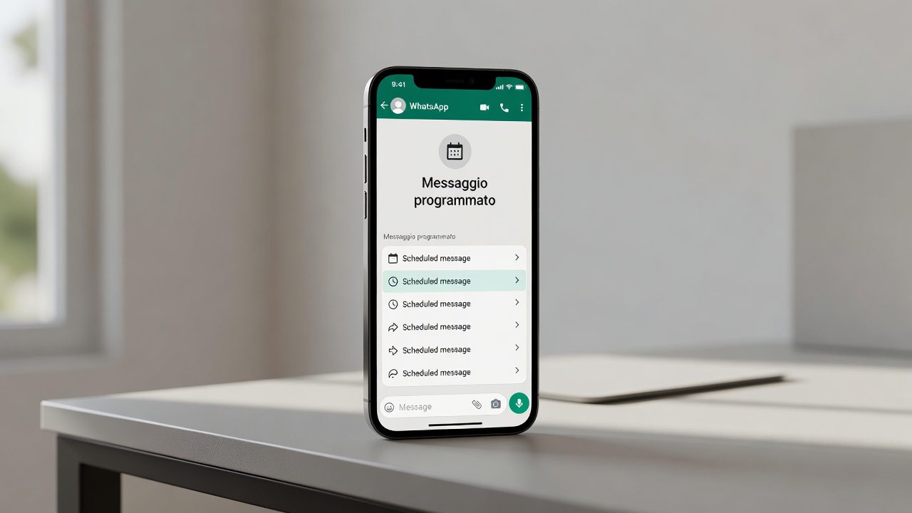 Smartphone con schermata WhatsApp aperta, interfaccia che mostra opzione “Messaggio programmato” con calendario e orologio, stile realistico, luce naturale, ambientazione da scrivania moderna.