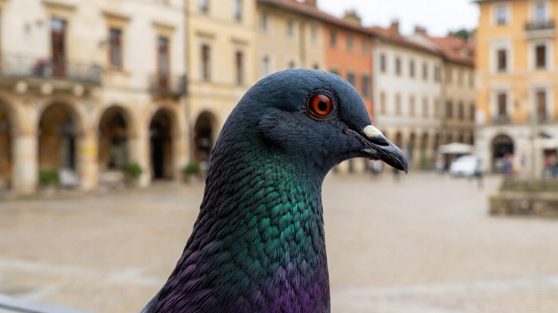 Piccioni, molto più intelligenti di quanto sembrano: 8 curiosità sorprendenti 1 Piccione urbano con piumaggio iridescente e riflessi verdi e viola sul collo.