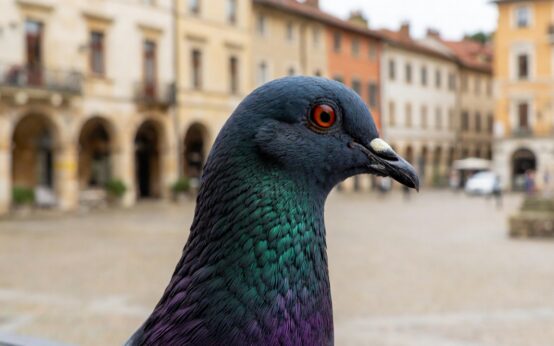Piccione urbano con piumaggio iridescente e riflessi verdi e viola sul collo.