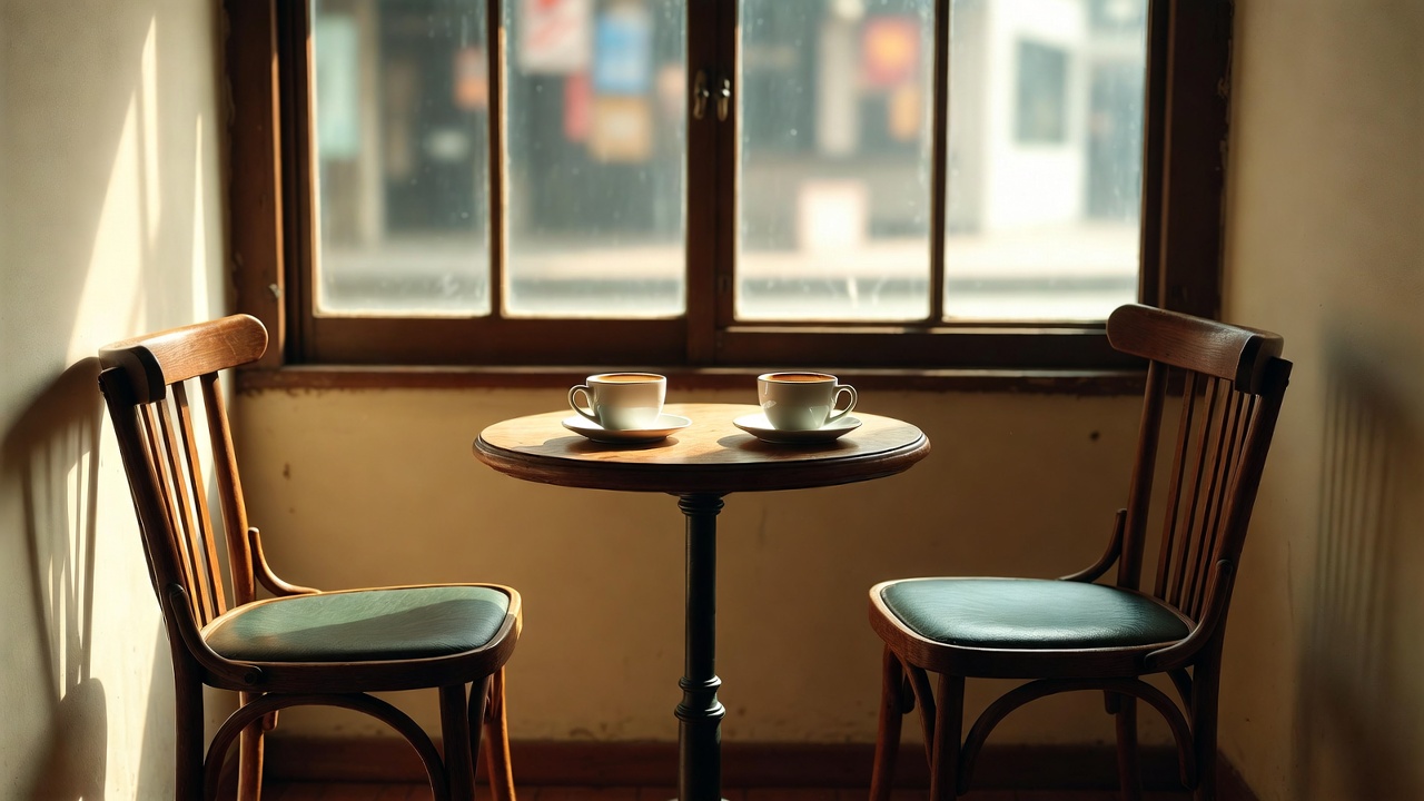 Due sedie e due tazze su un tavolino di un bar