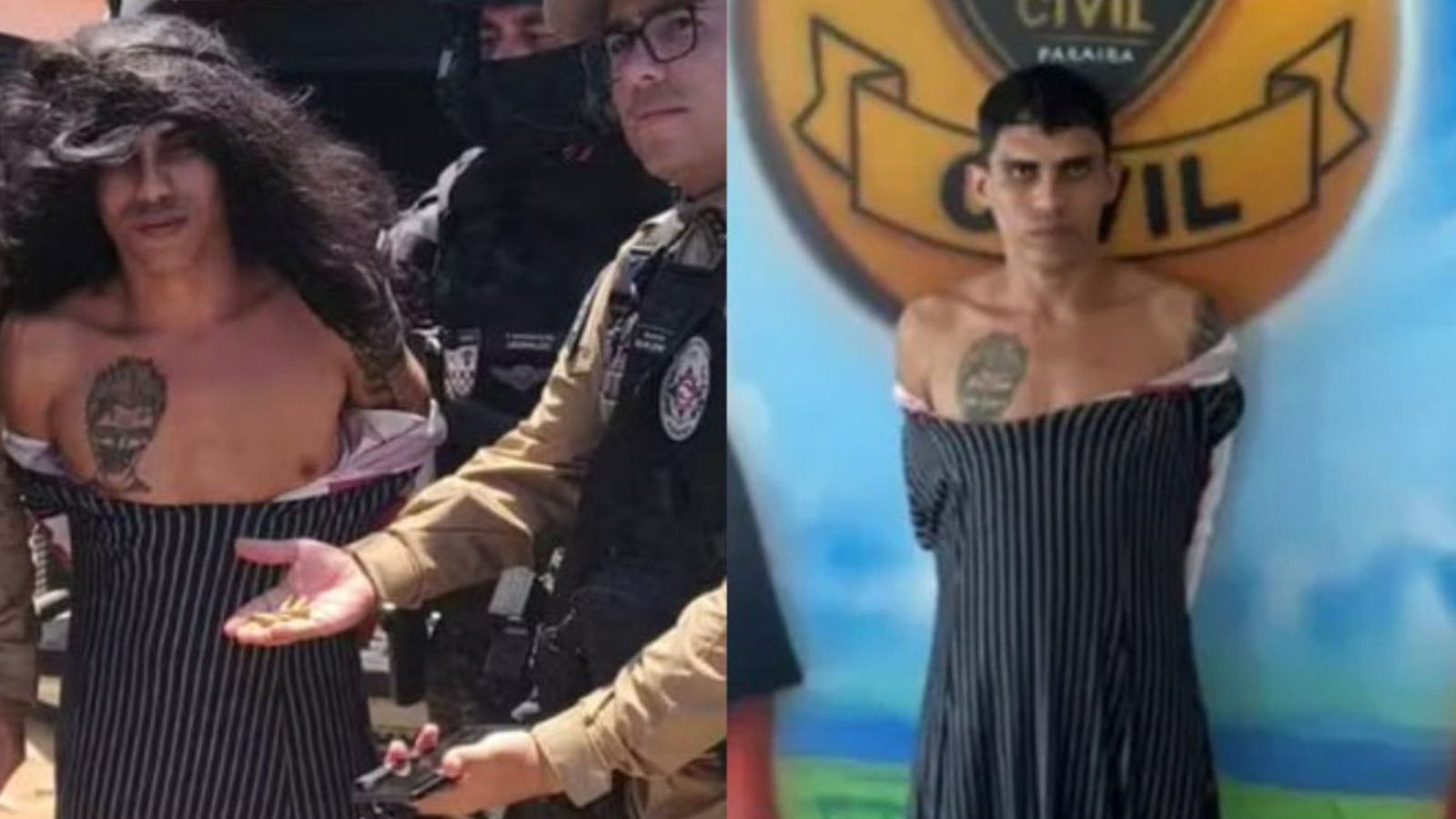 Jorlan Lopes da Silva arrestato in Paraíba: a sinistra con parrucca e vestito a righe, a destra senza parrucca davanti allo stemma Polícia Civil