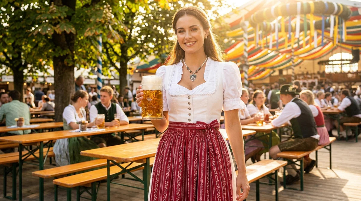 Visitatori con boccali di birra da un litro in un tendone dell'Oktoberfest 2026 sulla Theresienwiese di Monaco di Baviera