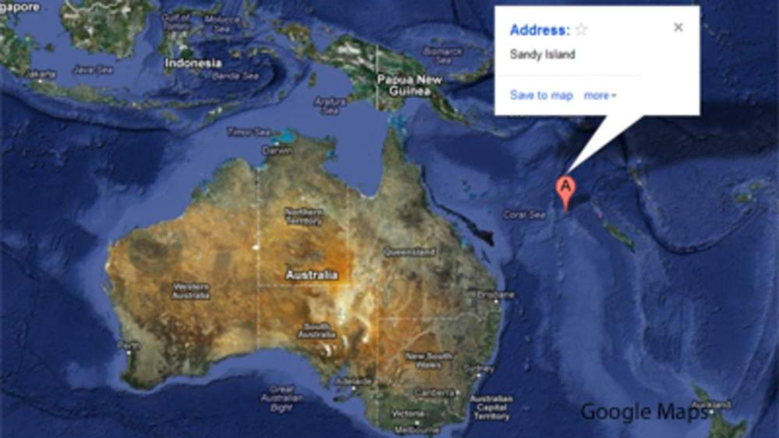 Mappa del Pacifico meridionale con il punto in cui era segnata la fantomatica Sandy Island