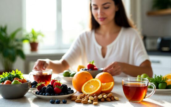 Giovane donna a tavola con frutta, frutta a guscio e tè, alimenti che apportano sostanze antiossidanti