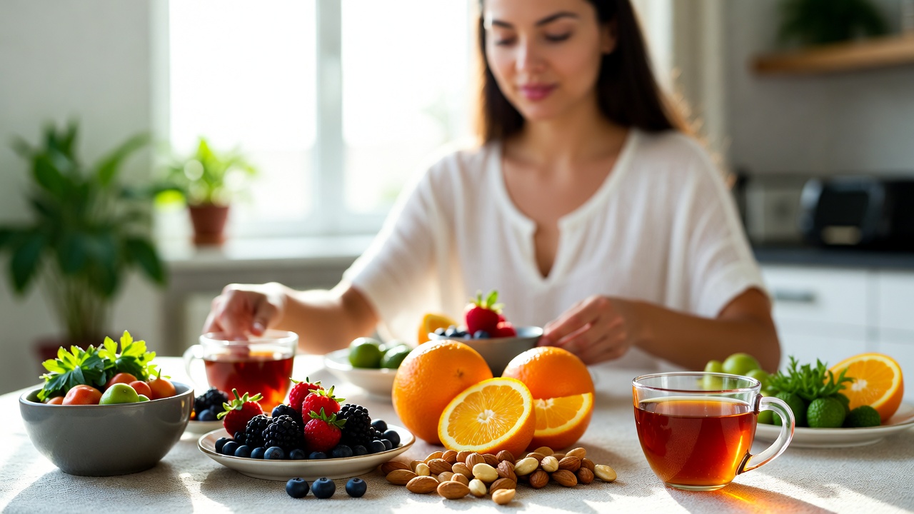 Giovane donna a tavola con frutta, frutta a guscio e tè, alimenti che apportano sostanze antiossidanti