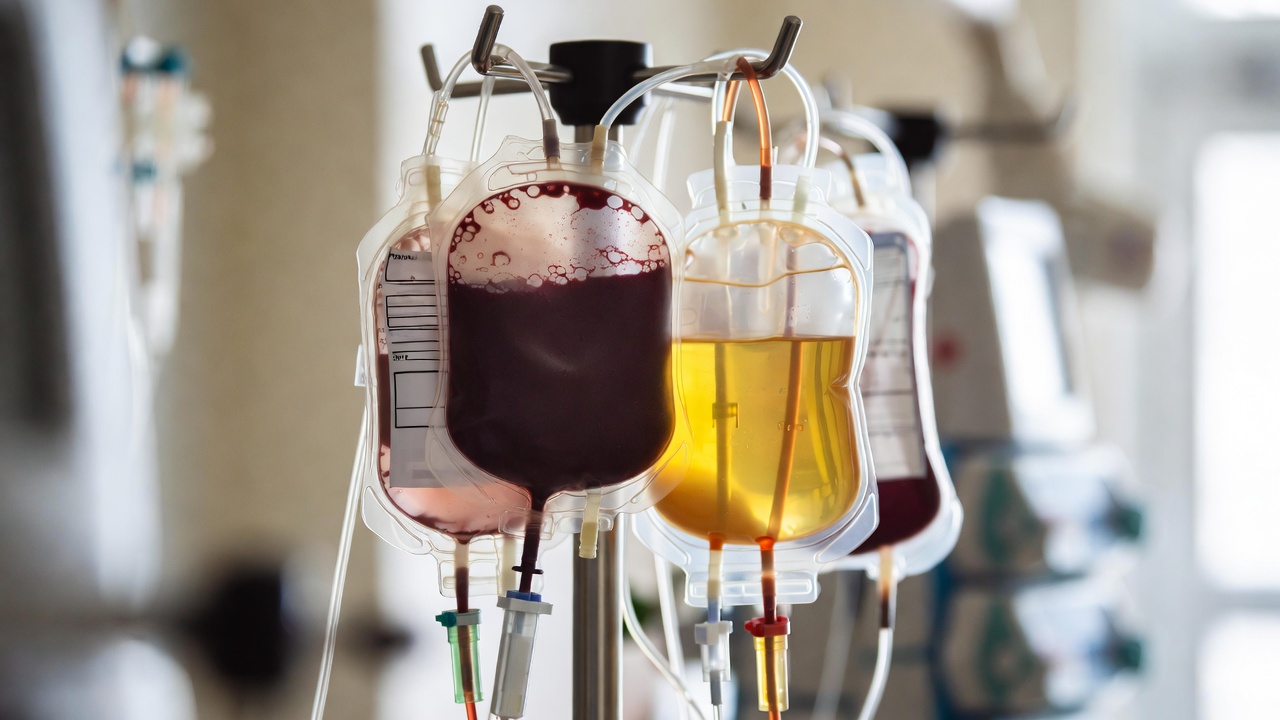 Sacche di componenti del sangue separati in una sala trasfusionale ospedaliera