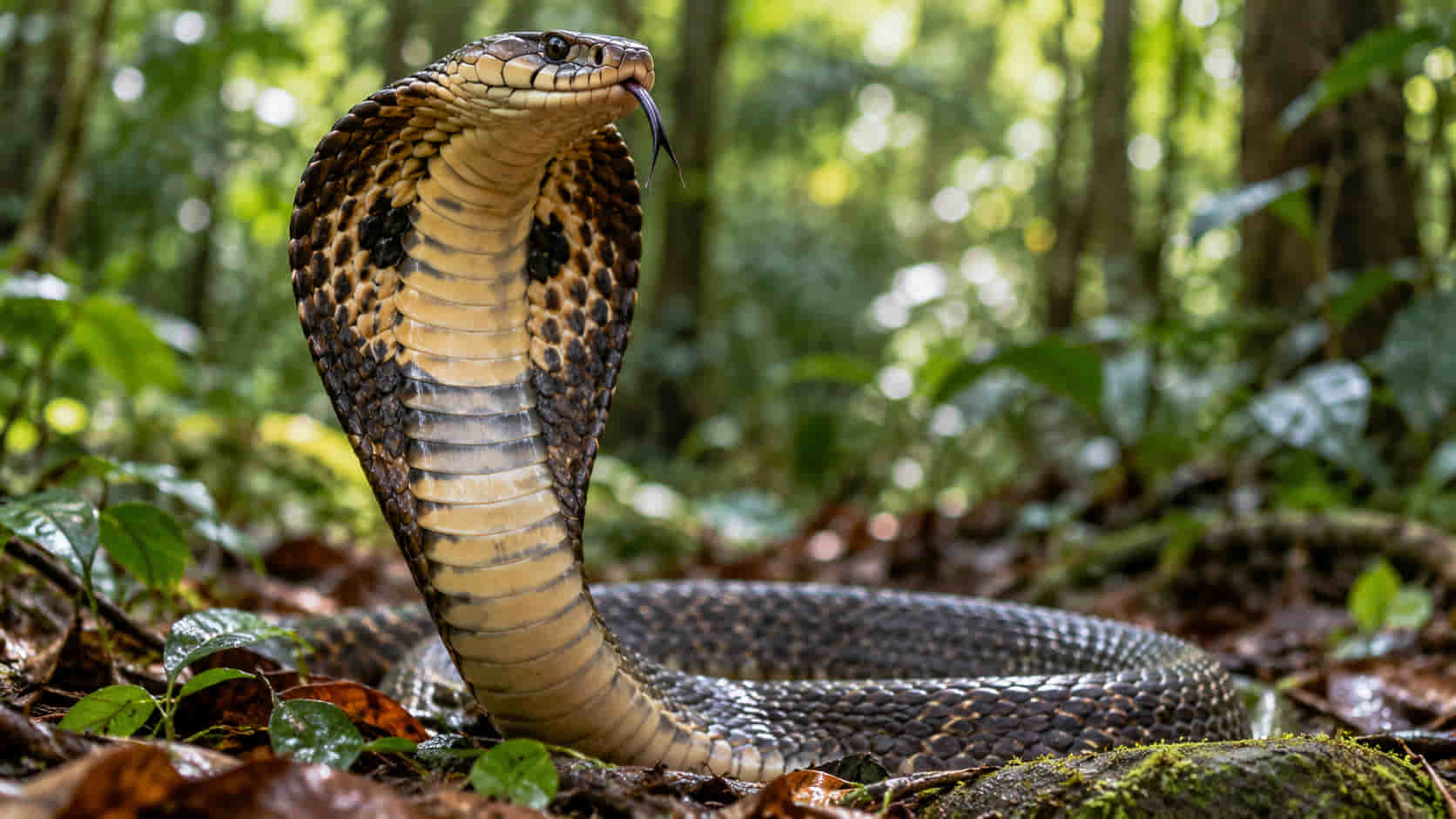 obra reale in posizione di difesa con il cappuccio dispiegato nella foresta, Ophiophagus hannah