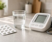 Illustrazione generata con AI: un blister di compresse bianche senza scritte, un bicchiere d’acqua e un misuratore di pressione su un tavolo di cucina