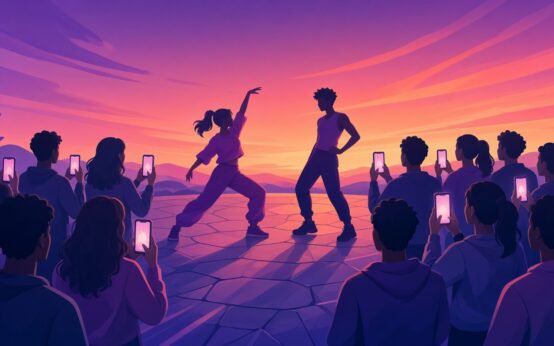 Illustrazione generata con IA: due ragazzi in silhouette si sfidano a colpi di pose e balli, circondati da un pubblico di spalle con i telefoni alzati
