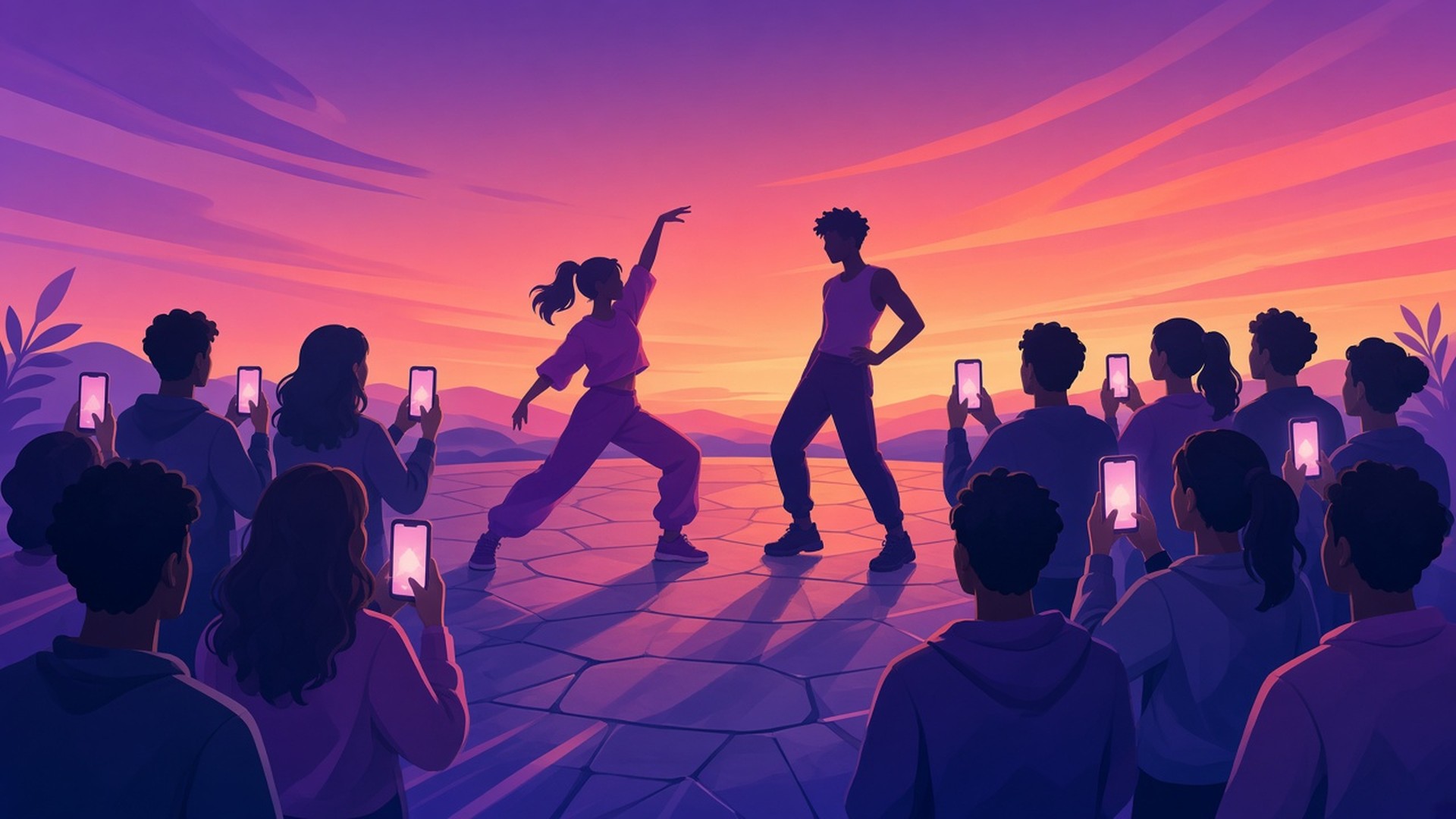 Illustrazione generata con IA: due ragazzi in silhouette si sfidano a colpi di pose e balli, circondati da un pubblico di spalle con i telefoni alzati
