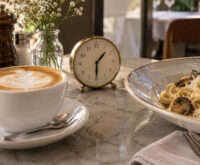 Tazza di cappuccino con latte art accanto a un piatto di pasta e un orologio che segna l'ora di pranzo