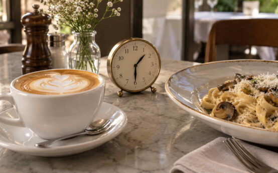 Tazza di cappuccino con latte art accanto a un piatto di pasta e un orologio che segna l'ora di pranzo