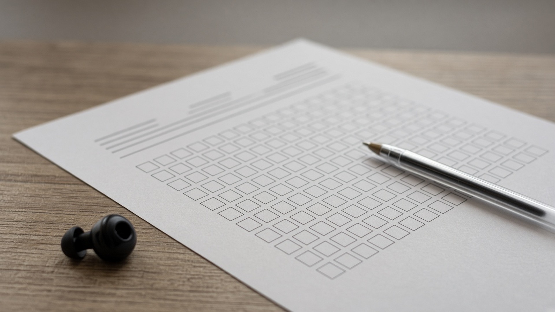Illustrazione generata con IA: foglio quiz patente con penna e auricolare