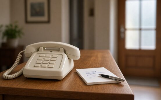 Un telefono fisso domestico appoggiato su un tavolino d'ingresso accanto a un foglietto e a una penna con la porta sullo sfondo, illustrazione sul caso del finto carabiniere a Rocca di Papa