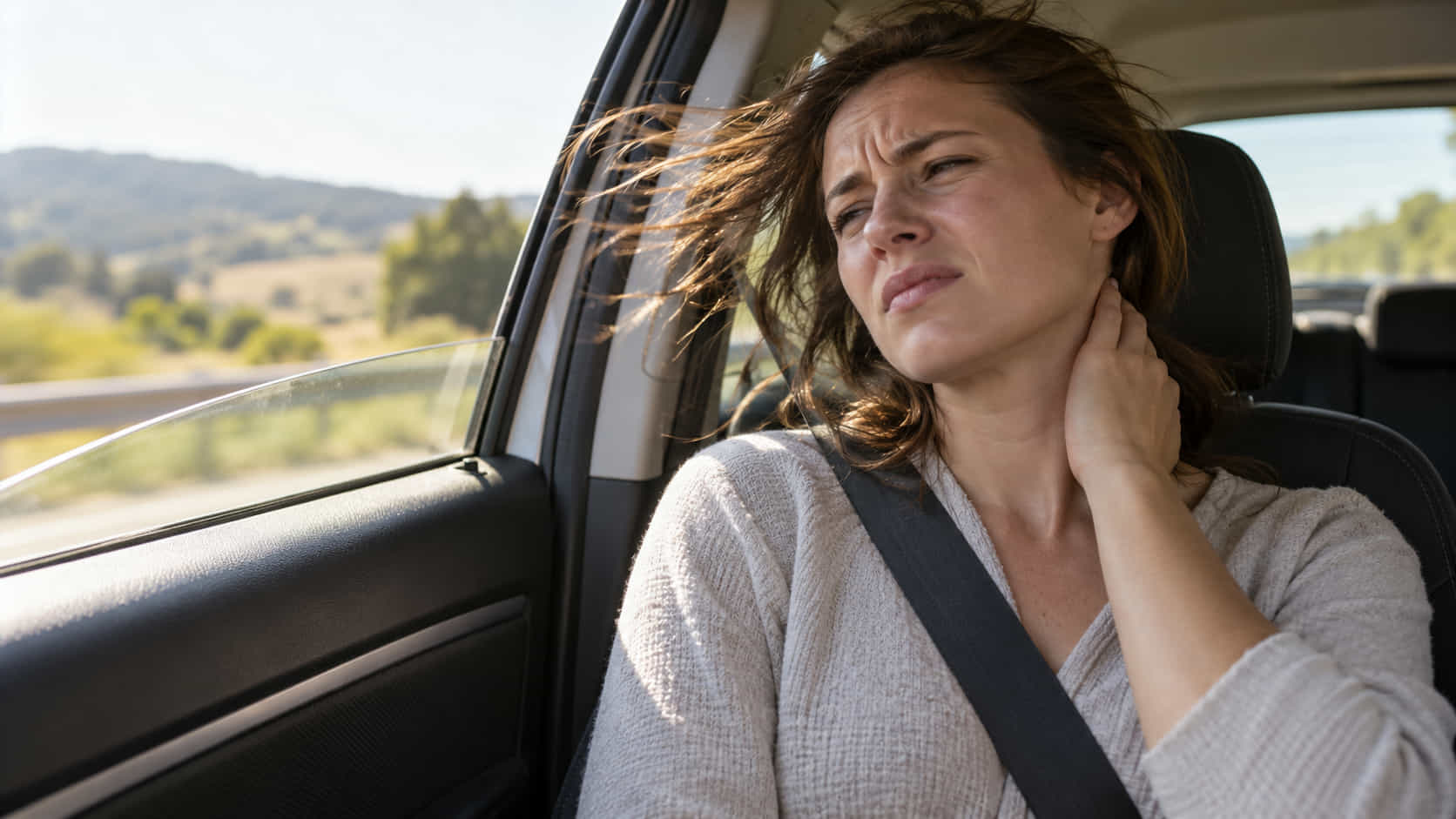 Persona in auto che si tocca il collo dolorante con il finestrino abbassato e l'aria sul collo