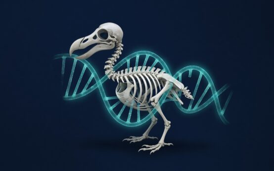 Illustrazione generata con intelligenza artificiale: scheletro di dodo con cranio e becco in evidenza davanti a un'elica di DNA stilizzata