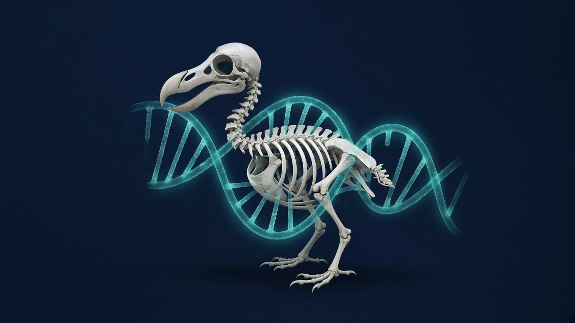 Illustrazione generata con intelligenza artificiale: scheletro di dodo con cranio e becco in evidenza davanti a un'elica di DNA stilizzata