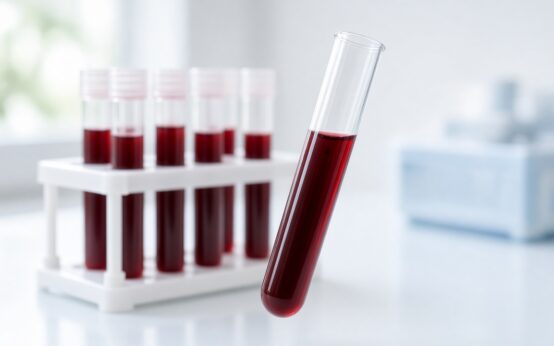 Illustrazione generata con AI: provette con campioni di sangue in un portaprovette bianco su un bancone di laboratorio