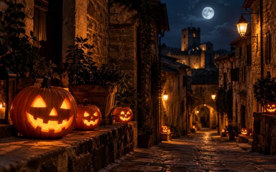 Zucche intagliate illuminate in un vicolo di un borgo medievale italiano durante la notte di Halloween