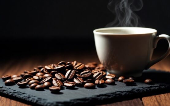 Chicchi di caffè tostati in primo piano accanto a una tazza fumante, simbolo del Kopi Luwak e del Black Ivory