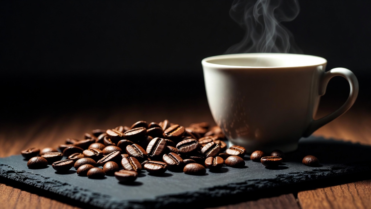 Chicchi di caffè tostati in primo piano accanto a una tazza fumante, simbolo del Kopi Luwak e del Black Ivory