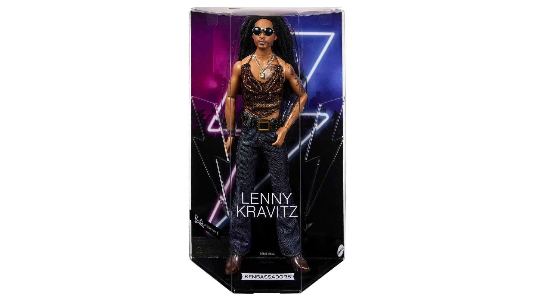 Bambola Ken Lenny Kravitz della collezione Barbie Signature Kenbassadors con canotta in rete bronzo, jeans e occhiali da sole