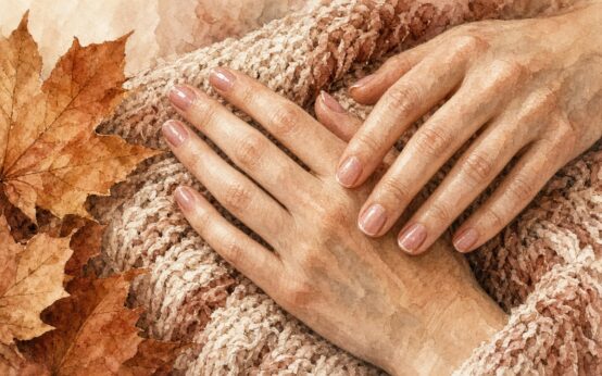 Illustrazione generata con AI: mani con unghie corte e lucide su una coperta di lana, con foglie autunnali