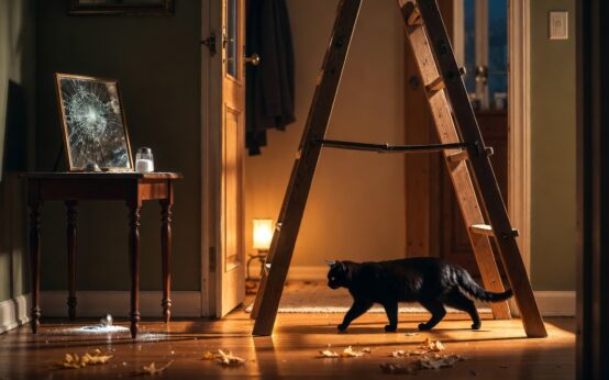 Gatto nero che passa sotto una scala accanto a uno specchio rotto, simboli delle superstizioni del venerdì 13 e del venerdì 17